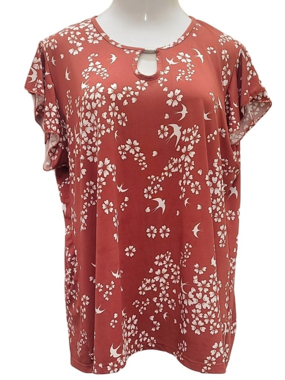 Jon & Anna Rust Floral Keyhole Flutter-Sleeve Tunic Sz 2X